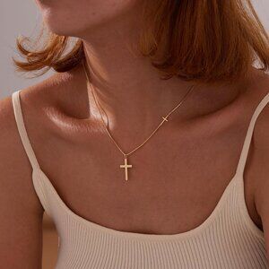 Women06-Double Cross Necklac14K Gold Silver Cross Necklace - Non Tarnish Jewelry